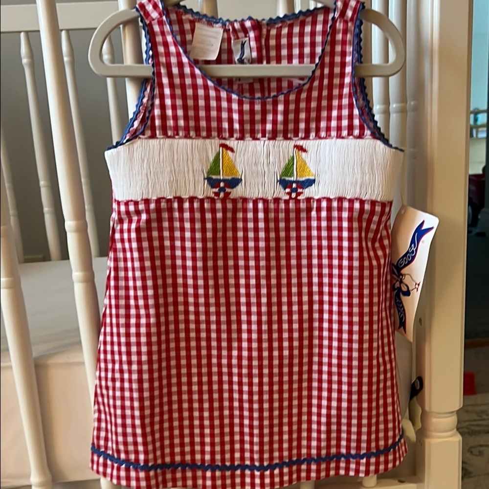 Girls Red Gingham Sailboat Smocked Dress